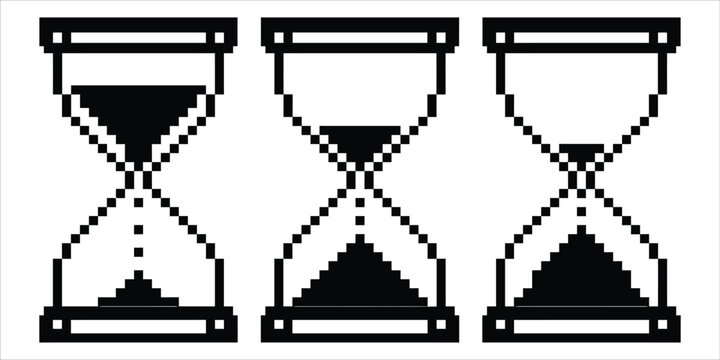 Pixel art hourglass icon set indicating time progress on white background with sand timer countdown graphic passing time management deadline indicator duration icon black silhouette