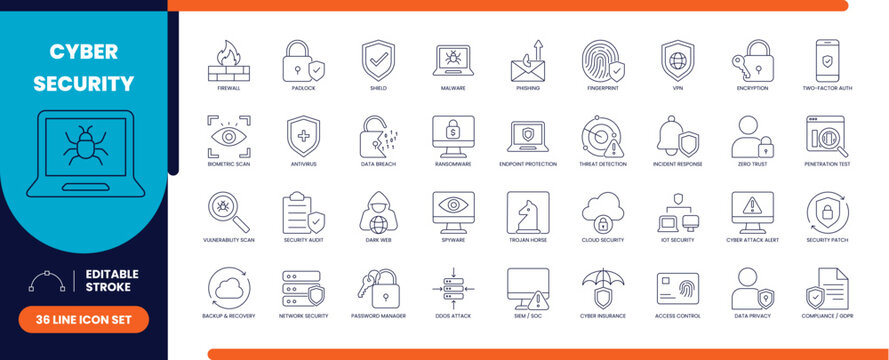 Cybersecurity vector line icon set