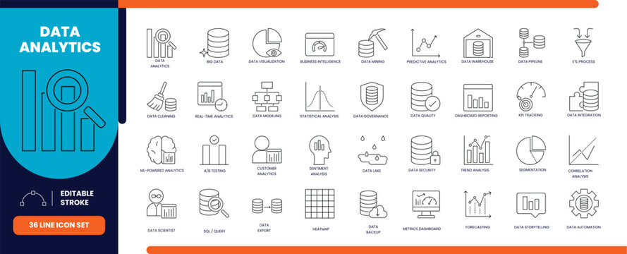 Data analytics vector line icon set