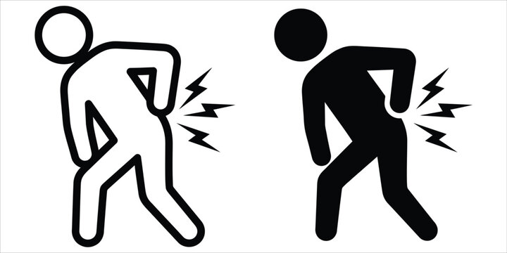 Person with back pain icon in black and white styles medical sign spine problem body ache lower back health issue physical pain medical symptom human figure back injury chronic pain