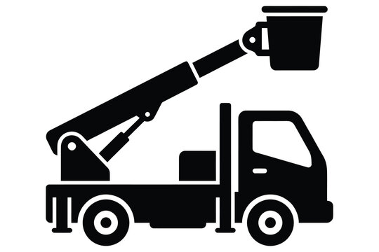 Bucket truck vehicle silhouette icon for construction work with utility vehicle cherry picker aerial lift industrial vehicle service truck lifting vehicle boom truck crane truck maintenance