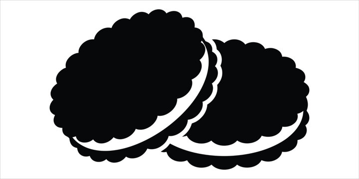 Two sandwich cookies with creamy white filling black silhouette icon junk food snack time vector art bakery item sweet snack sandwich cookie round cookie graphic design sandwich