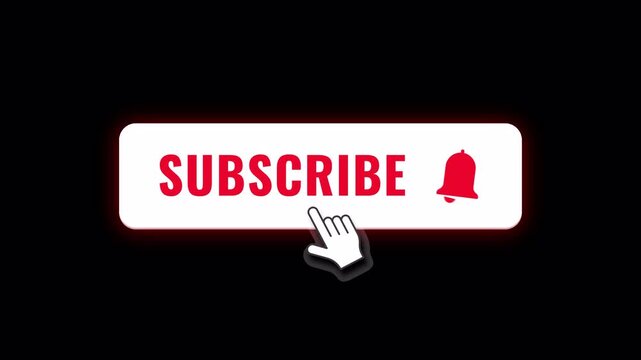 Animated White Subscribe Button with Red Bell and Mouse Click on Transparent Background