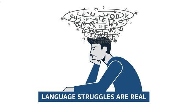 Frustrated student struggling with foreign language learning and translation, shown as jumbled letters in his head.