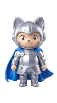 Cute Catboy Anime Warrior Toy Figure Wearing Shiny Silver Knight Armor