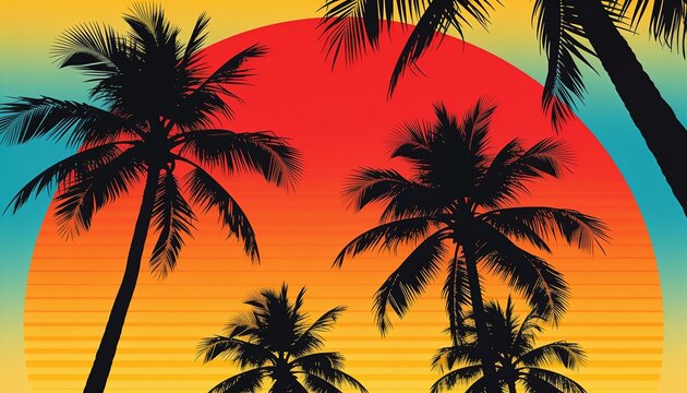 palm trees, retro sunset background, beach horizon, vintage summer vibe, ocean coast poster, synthwave style, sunny island design, sunset vector illustration