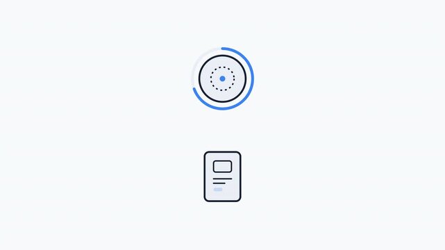 Minimal animated smart upload icon depicting a digital file being prepared, uploaded to a destination, transferring data via a structured stream, confirming completion, and seamlessly resetting. Clean