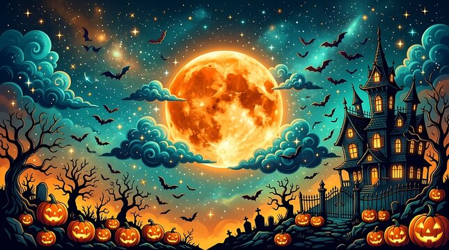 Halloween night scene with glowing moon and haunted castle surrounded