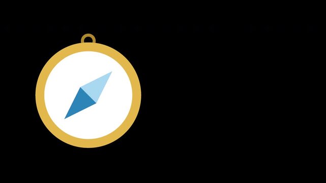 An animated flat compass icon used for navigation and travel direction guidance on a background with transparent alpha channel.
