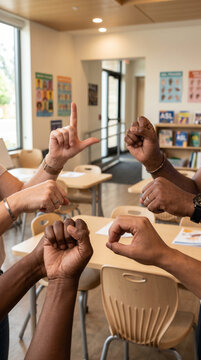 Adult hands demonstrating ASL letter signs in modern classroom setting  