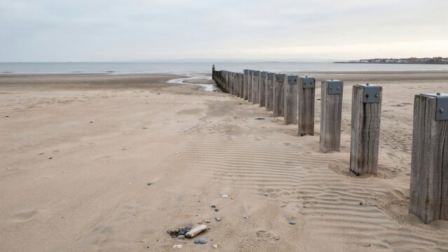 Weathered timber groynes stepping down an empty sandy beach at low tide