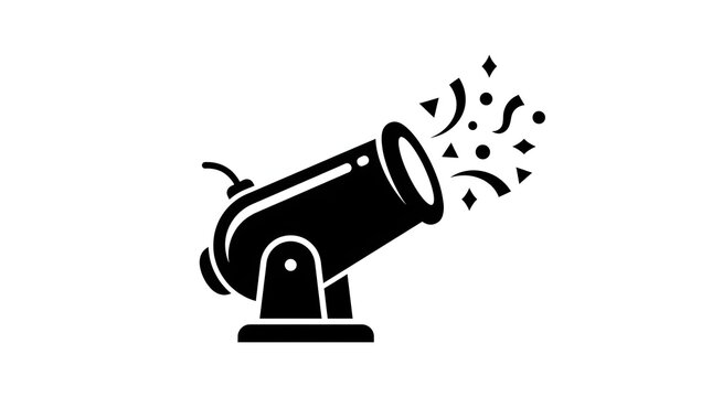 Circus cannon shooting out confetti and party streamers black silhouette vector icon isolated on white background