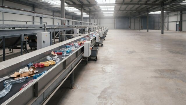 Sorting conveyor carrying mixed plastic and card in an empty recycling facility