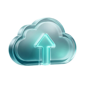 Translucent glass cloud icon featuring a bright glowing upload arrow floating against a clean white background to represent modern cloud computing technology and secure digital data storage 