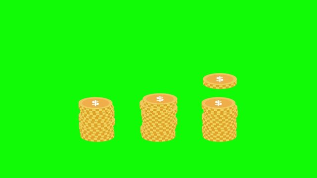 Gold coin stacks growing on green screen, dollar coins dropping onto piles that rise, sparkle and shrink back
