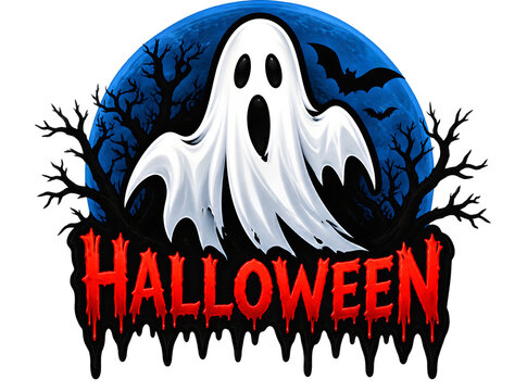 Halloween ghost logo with stylized moon and trees in dark blue and red color scheme