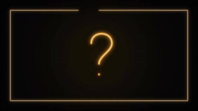 Glowing neon question mark symbol inside rectangular frame border on dark background for FAQ mystery concept and query illustration.