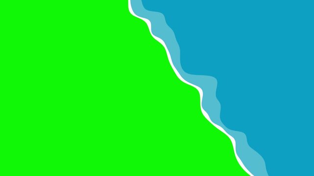 Cartoon water wave transition on green screen, blue ocean wave with white foam wiping across the frame from different directions
