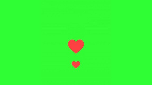 Sequential red heart animation with multiple hearts flying upward in order against a bright green screen background, ideal for romantic messages, Valentine's Day content, love stories, 