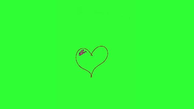 Red hand-drawn heart animation with sketchy scribble details on a bright green screen background, creating a playful romantic love graphic for Valentine's Day, romance, relationships, wedding content,