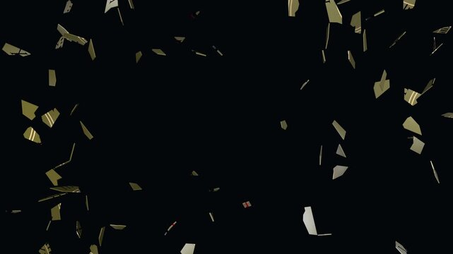 New Year countdown 3D animation. Luxury gold metal clock face with black roman numerals and hands accelerating to midnight. Ticking clock explodes into tiny shards, creating festive reveal transition