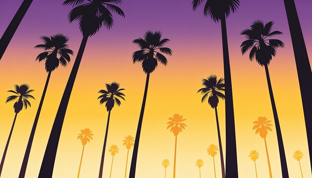 silhouette palm trees, tropical background, beach vibe, paradise skyline, summer vector, warm dusk, purple orange sky, low angle view, travel poster, sunset scenery