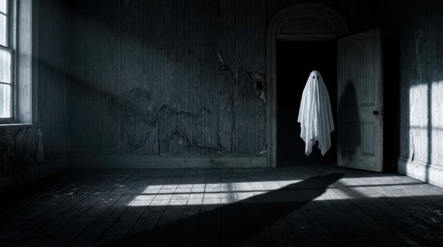 Minimalist ghost floating in dark Victorian parlor with dramatic moonlight shadows and copy space.
