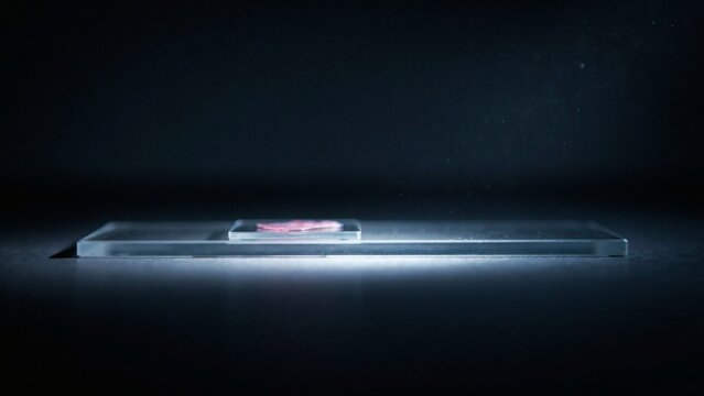 Single glass microscope slide with a stained section on a backlit stage