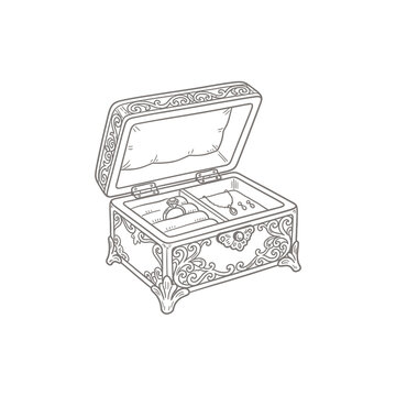 Minimalist outlined jewelry box illustration with ring and necklace against dark background