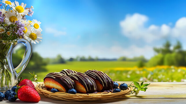 Chocolate eclairs with fresh strawberries and blueberries are arranged on a table beside a vase of daisies, with open fields and a blue sky in the background, creating an elegant dessert scene