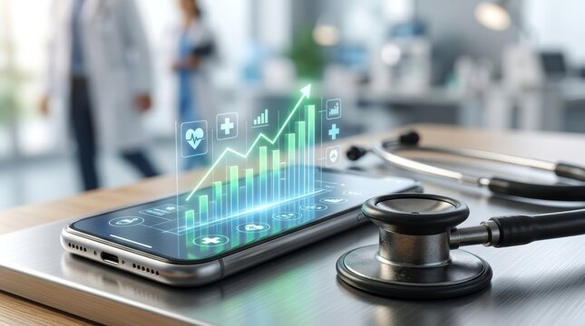 medical growth investment concept Smartphone displaying healthcare data graph with a stethoscope on a desk.