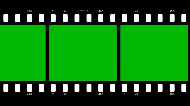 Film strip scrolling horizontally on green screen, black filmstrip with sprocket holes and frame numbers in seamless loop
