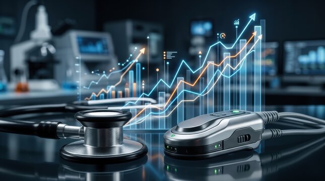 medical growth investment concept Medical stethoscope and device with rising financial and data graphs overlay.