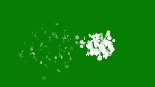 Currency symbols bursting on green screen, dollar, euro and pound signs with coins exploding and scattering

