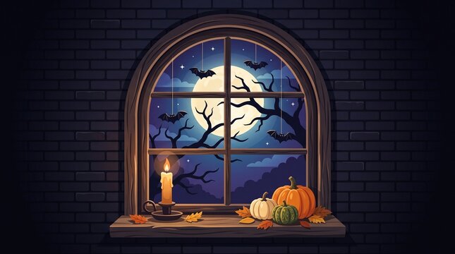 Halloween window scene with pumpkins and candle, spooky night view with full moon and bats, atmospheric autumn holiday background with brick wall
