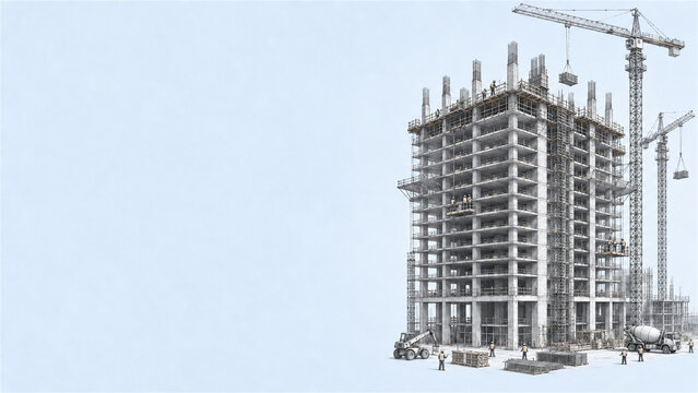 An advanced professional construction sketch depicting a massive high-rise building construction site