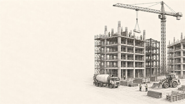 An advanced architectural and construction site sketch of a large-scale urban building project under construction