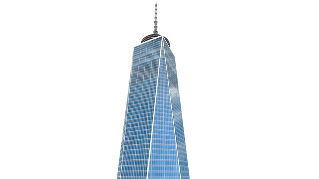 One World Trade Center Freedom Tower skyscraper top section isolated on transparent background. High resolution 3D render of iconic New York City architecture.