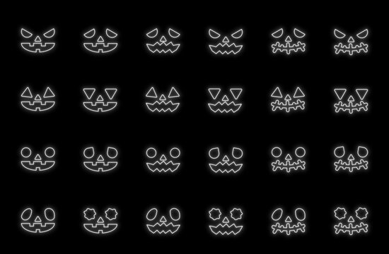 Halloween Jack-o'-Lantern Neon-Style Line Art Set (Facial Expressions): Fun, Angry, Sad, Happy, Joyful, Smiling, etc