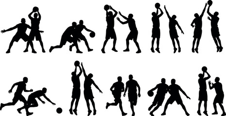 Collection of black basketball player vector silhouettes featuring dynamic action poses shooting dribbling passing defending and slam dunk elements © MstAduri