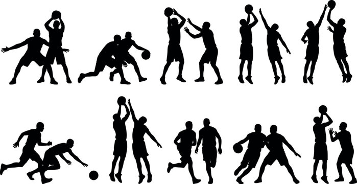 Collection of black basketball player vector silhouettes featuring dynamic action poses shooting dribbling passing defending and slam dunk elements