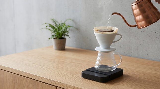 Generative AI image of a minimalist pour-over coffee setup with a white V60 dripper, glass cup, digital scale, paper filter, and oak wood table.