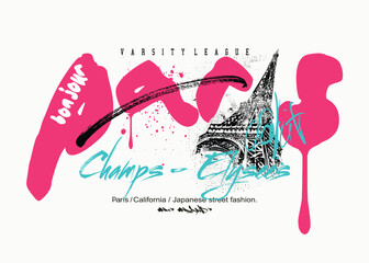 Eiffel grunge typography slogan tees, Paris slogan text. Graffiti urban street style drawing, art slogan text. Tees, Typography street art graffiti slogan print. Tees graphics.eps © Sukman