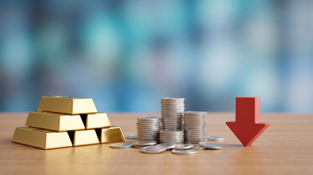 Coins stacked decrease with gold bar and red arrow showing falling value. Finance investment recession crisis. money budget saving expense, value reduction down decayed, risk loss