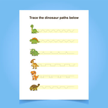 Dinosaurs Tracing printable children. Trace worksheet preschool activity template