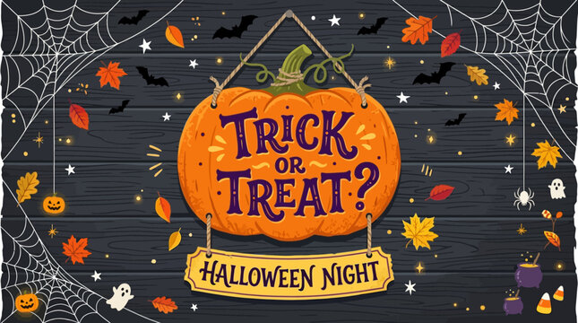 Trick or treat halloween sign hanging on a wooden background