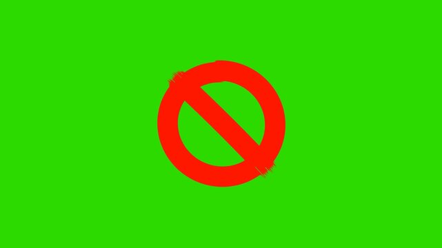 Red prohibition sign drawn with brush stroke on green screen, no symbol circle and slash painting on then holding for chroma key

