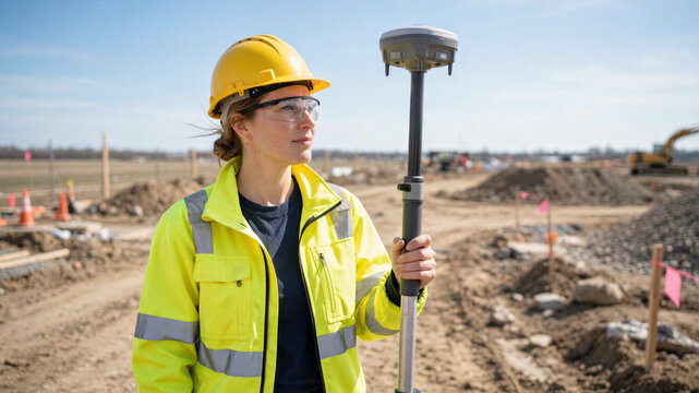 Female land surveyor holding GPS survey rod on dirt construction field clear sky