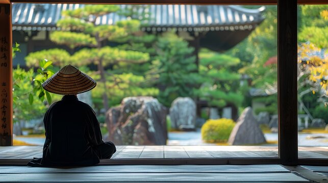 The back of a monk practicing zazen and meditation on the engawa while gazing at the Japanese garden