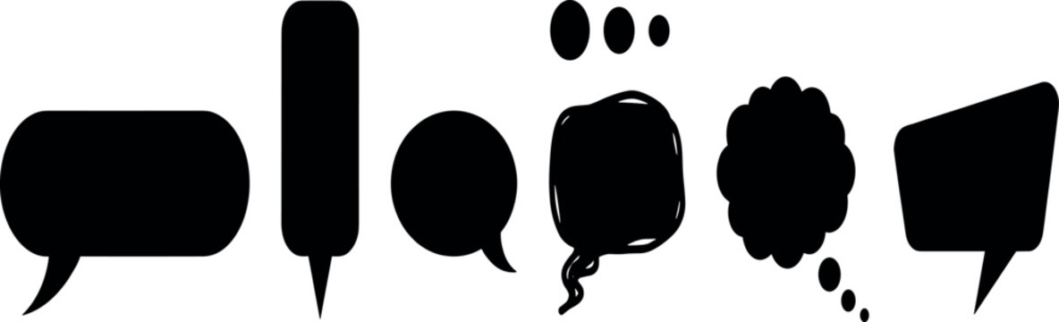Collection of black speech bubble vector silhouettes featuring comic book chat clouds thought balloons and decorative message dialog textbox shapes